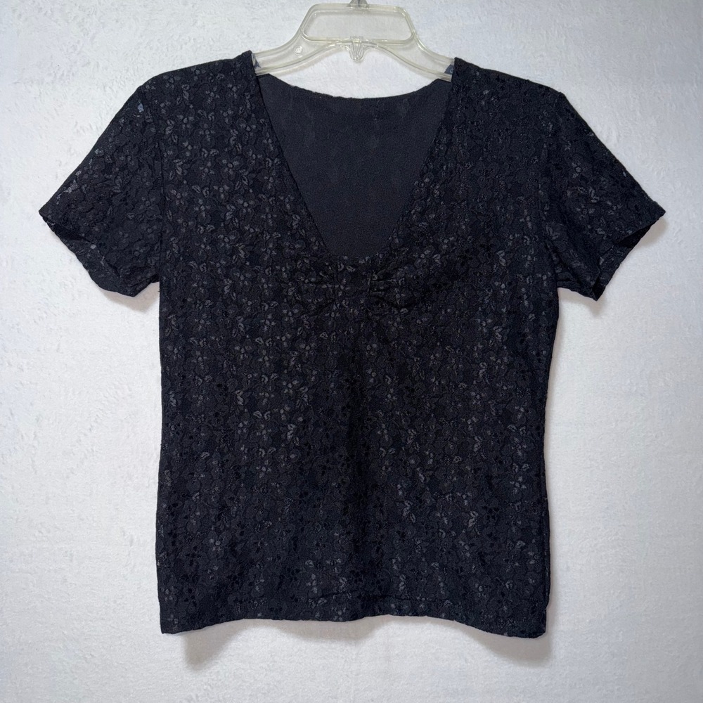Black Floral Lace V-Neck Short Sleeve Lined Blouse Top